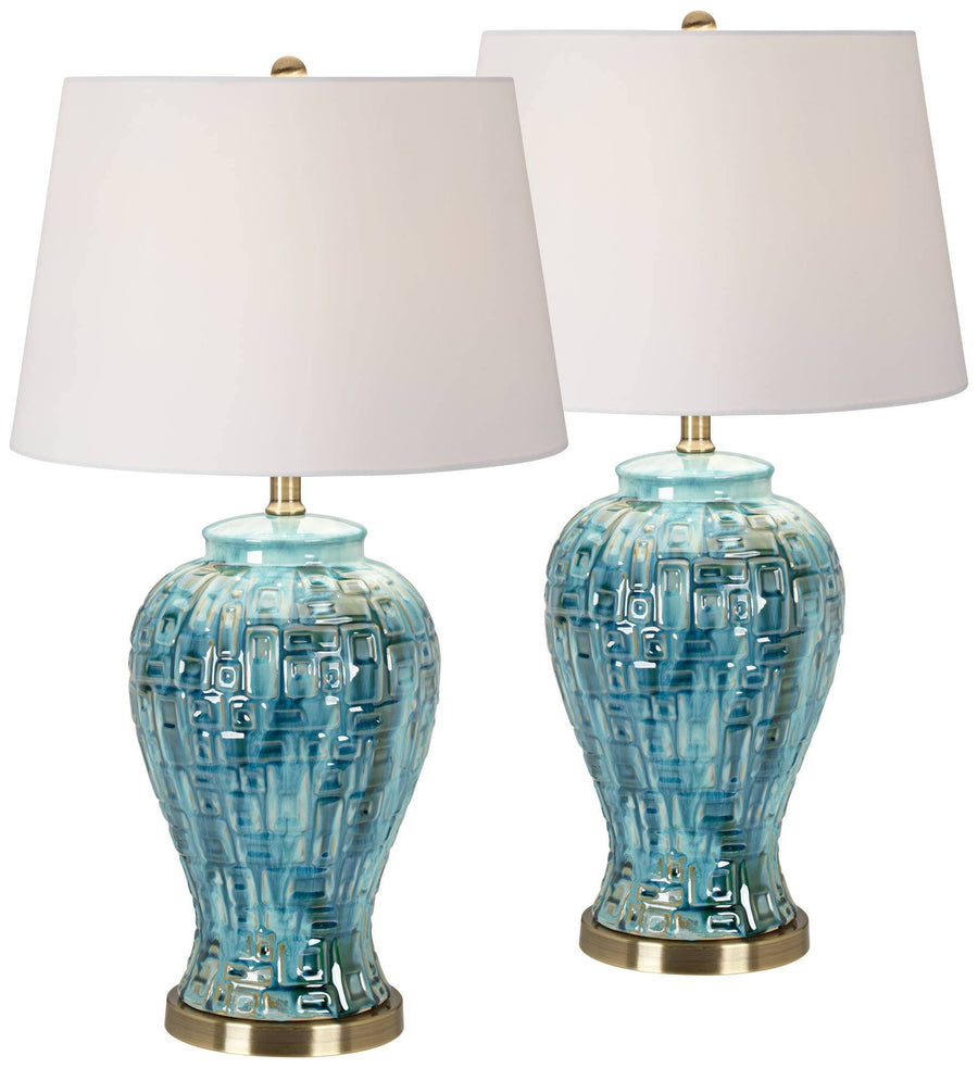 Possini Euro Design Temple Jar 27" Tall Modern Table Lamps Set of 2 Blue-Green Teal Ceramic Living Room Bedroom White Shade (Colors May Vary)