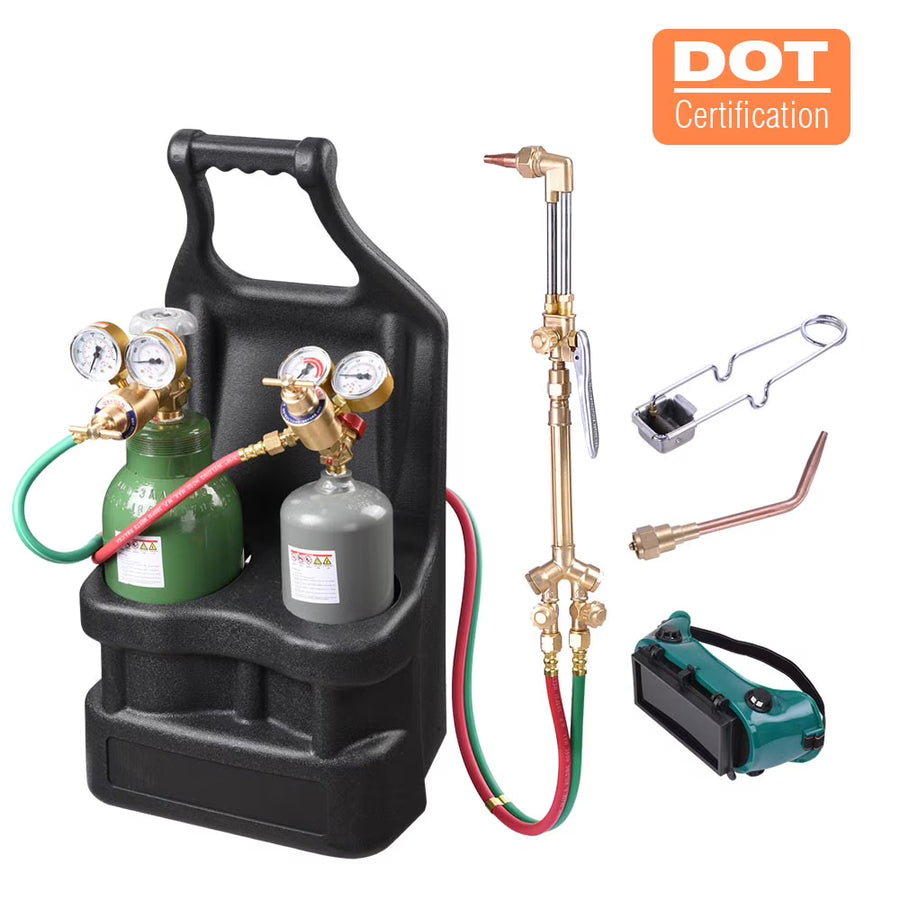 Yescom DOT Oxy Acetylene Torch Kit Gas Tank Brazing Welding Cutting Black Holder Gauge Portable Brass Nozzle Long Pipe Goggles Heavy Duty Oxygen Welder Tool Set